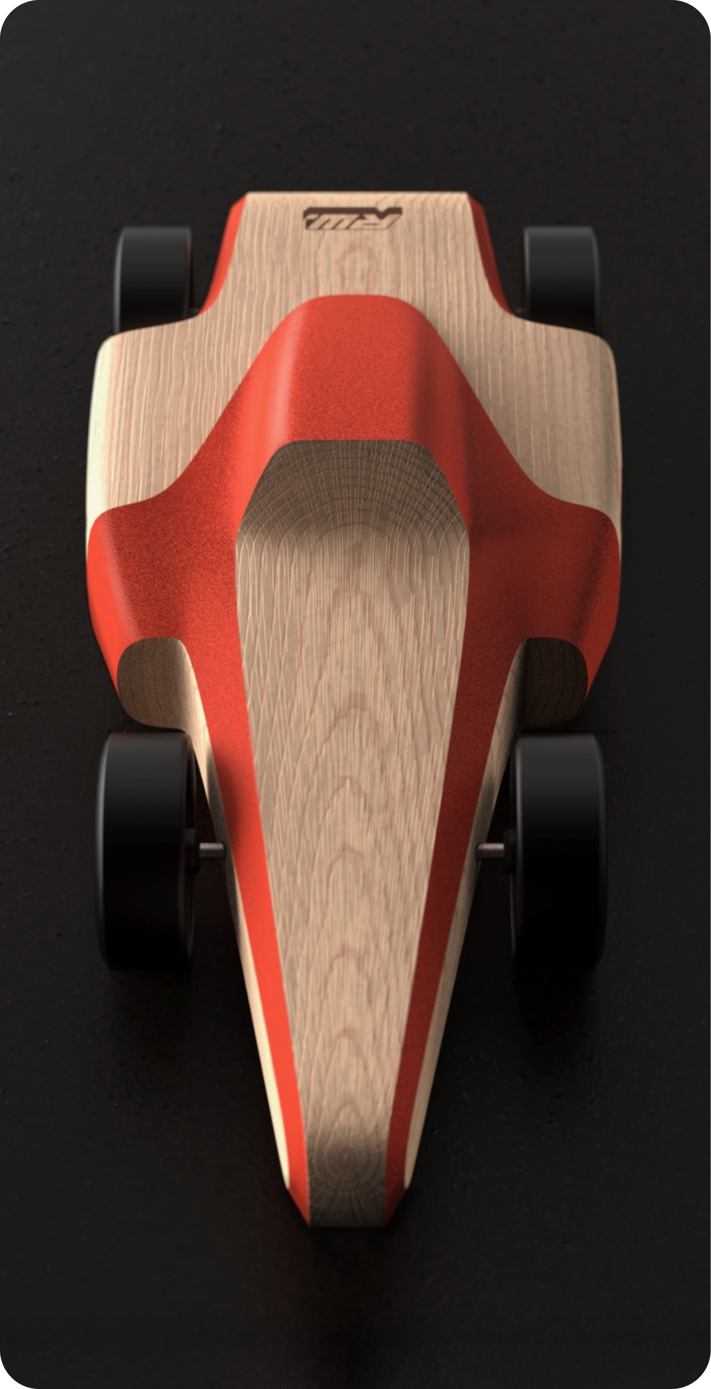 Wooden toy car with a red central body