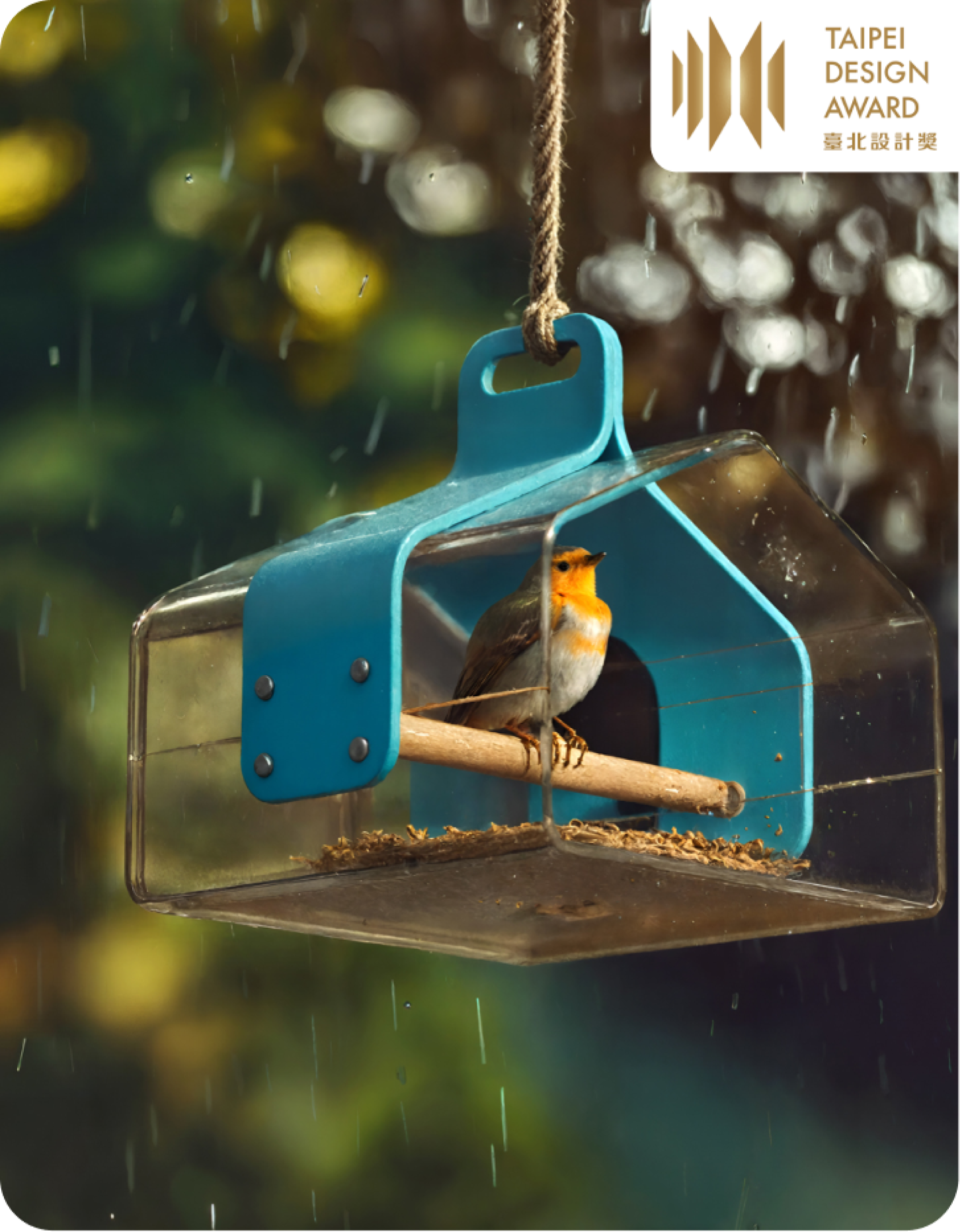Hanging blue birdhouse with transparent side panels