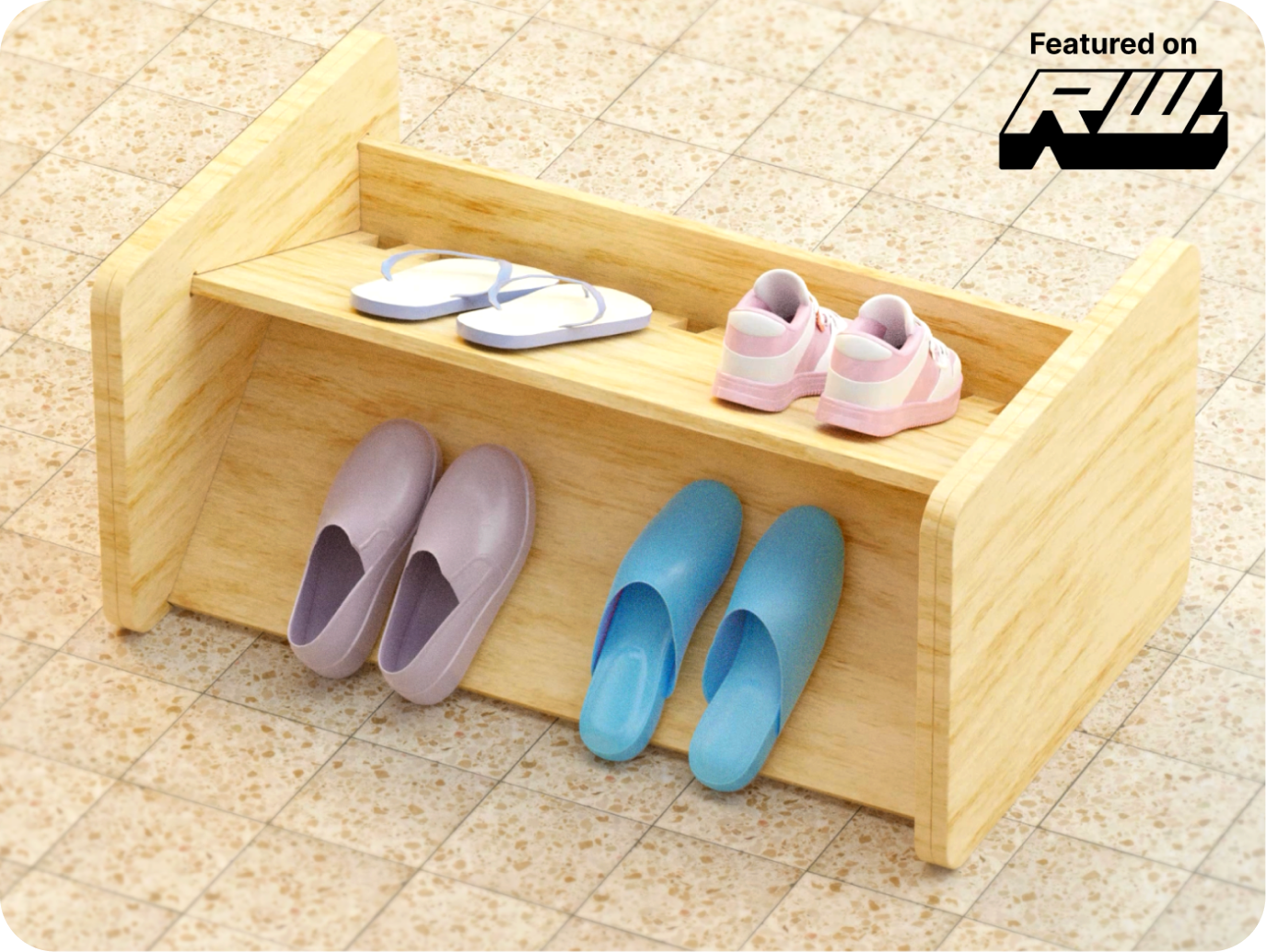 Flat-pack wooden footwear stand holding several pairs of shoes