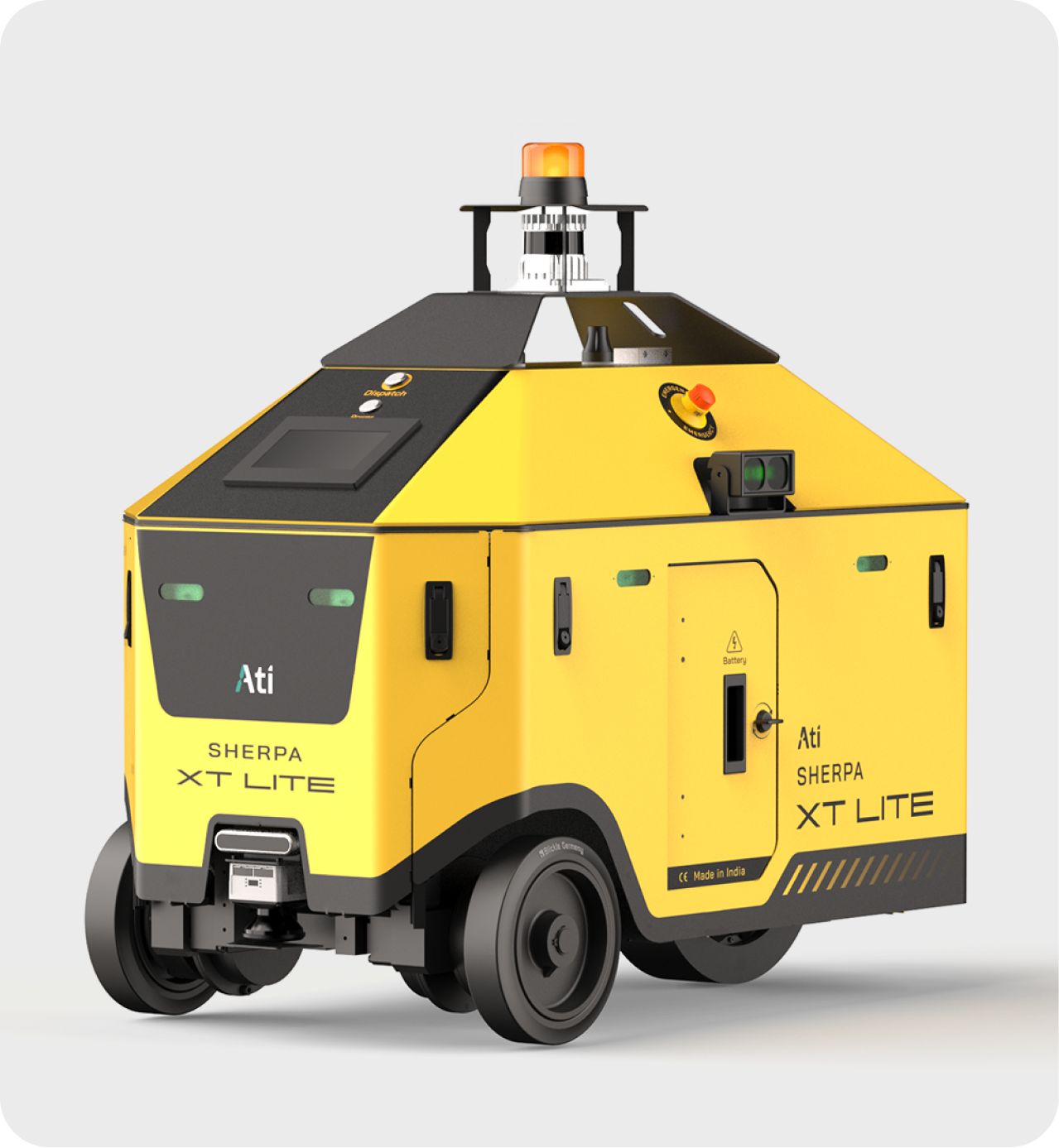 Yellow Ati XT Lite tugging autonomous mobile robot