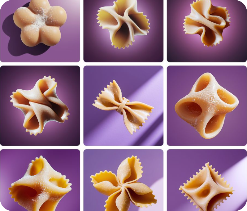 A grid of nine distinct pasta forms on a purple background