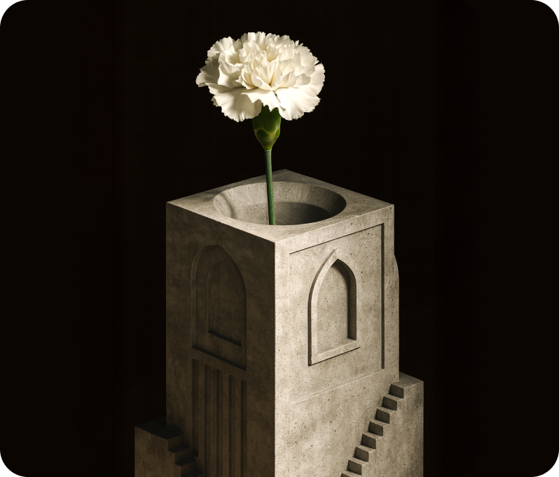 A white flower held by an architectural concrete vase render