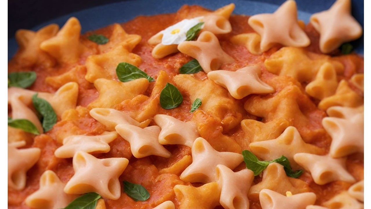 Shuriken-shaped pasta served in a bowl of tomato sauce