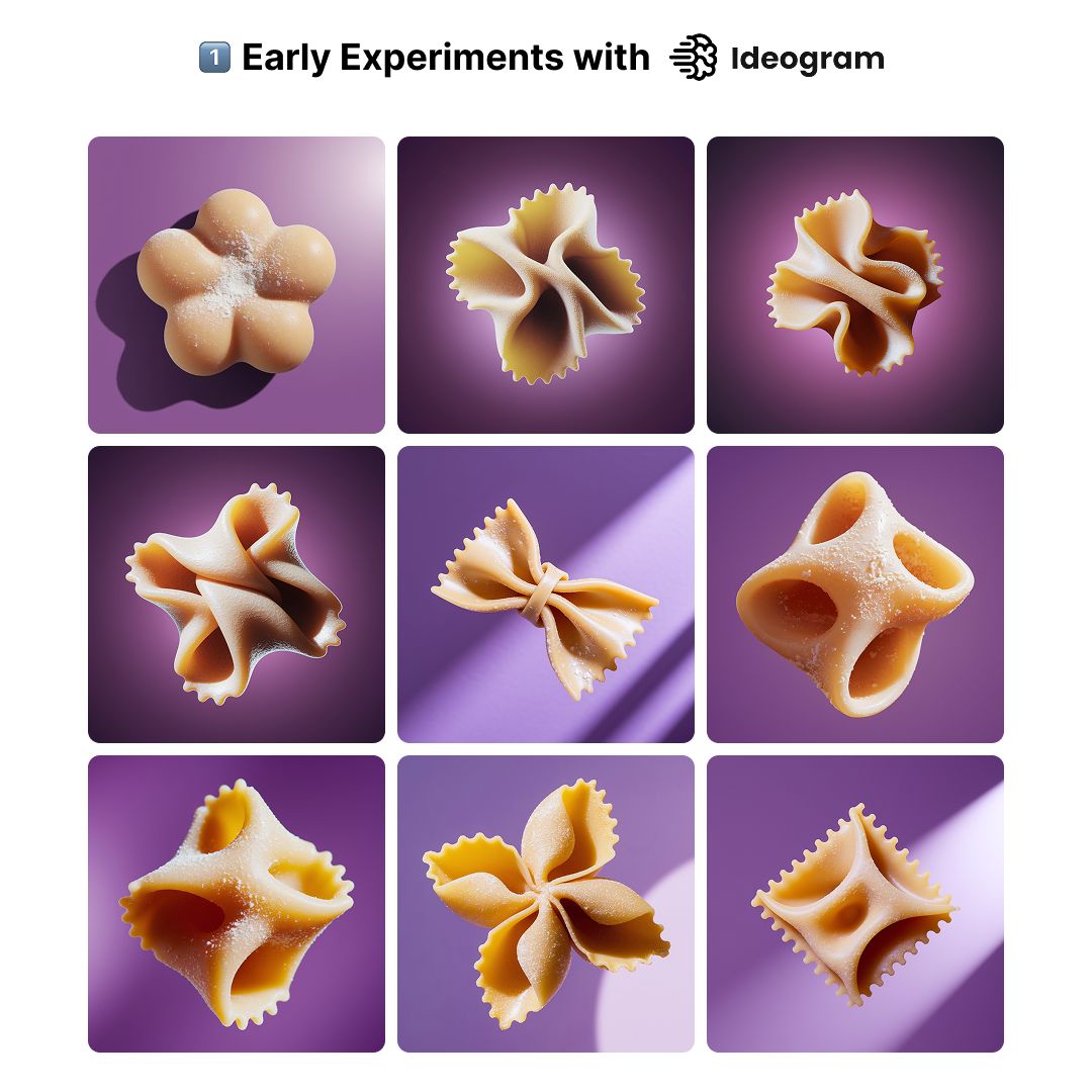 Nine early pasta-form concepts generated in Ideogram