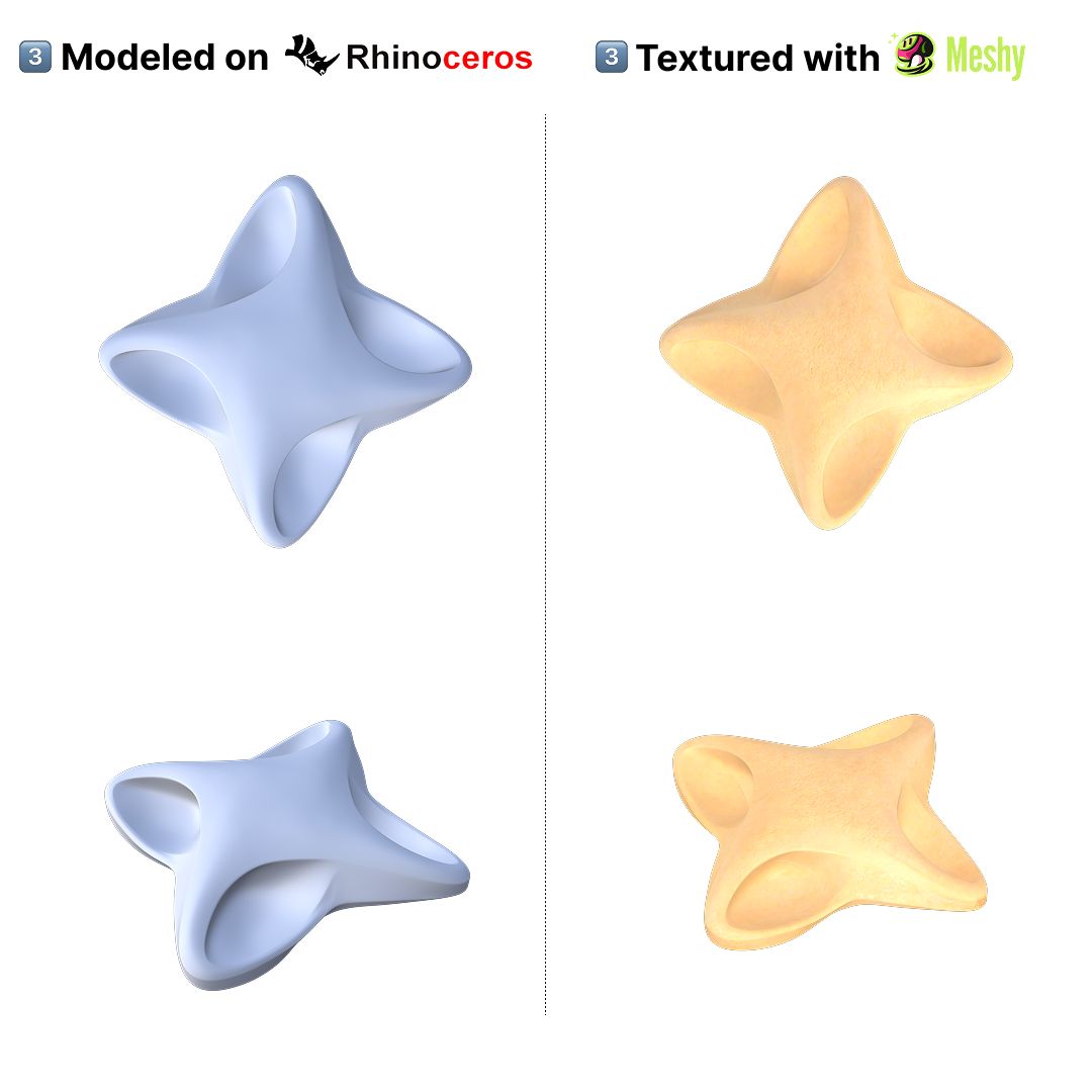 The final Rhino model alongside its Meshy-applied pasta texture