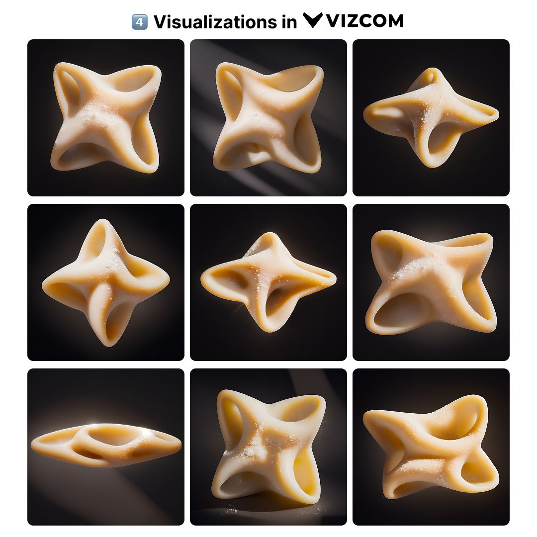 Nine Vizcom product visualisations showing variations of the pasta design