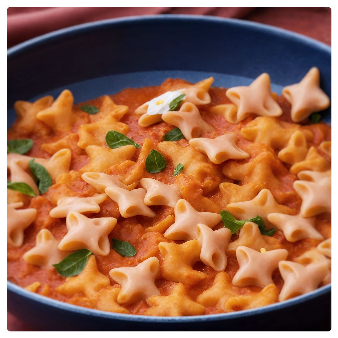 Shuriken-shaped pasta served in a wide bowl of tomato sauce