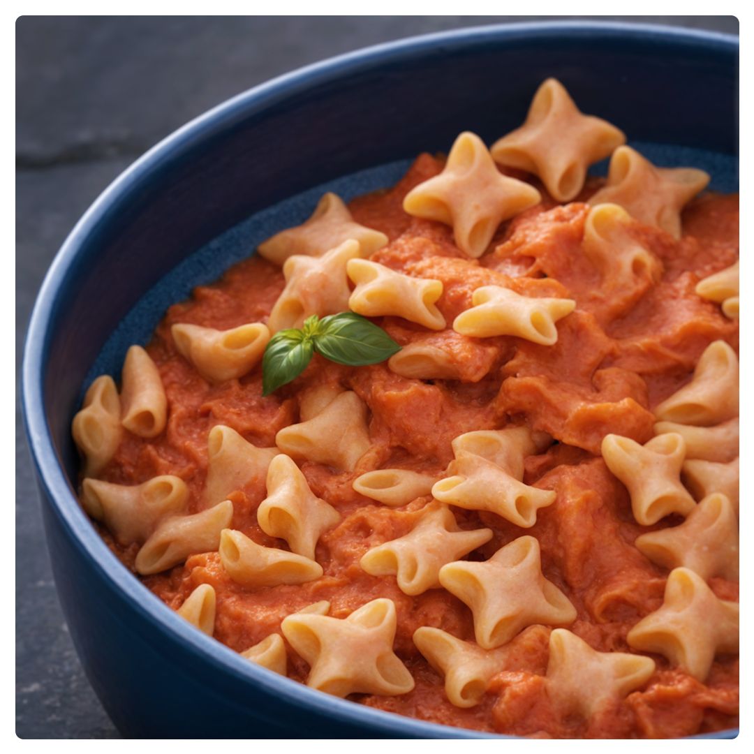 Shuriken-shaped pasta served in a blue bowl of tomato sauce