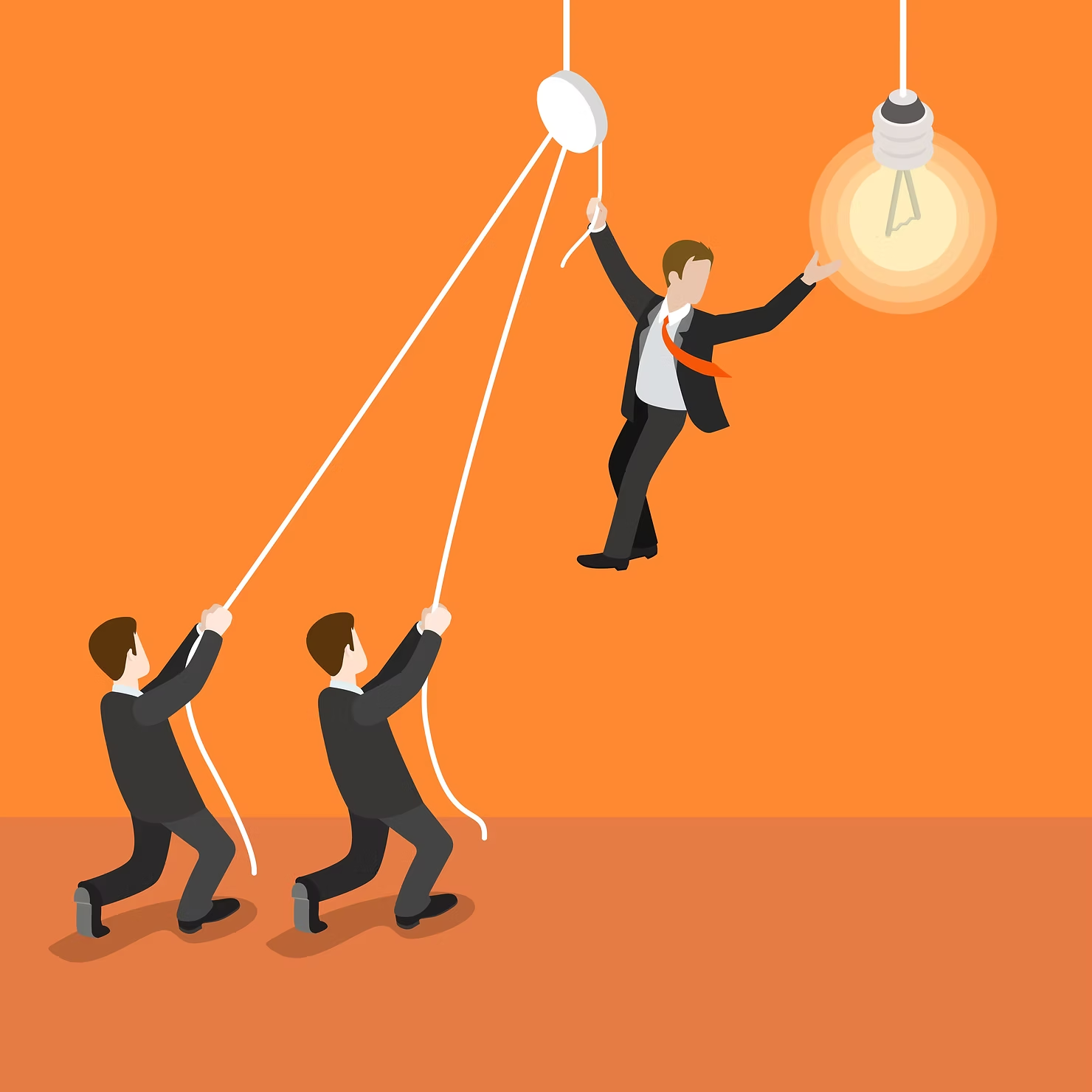 Two people hoist a colleague towards a glowing light bulb