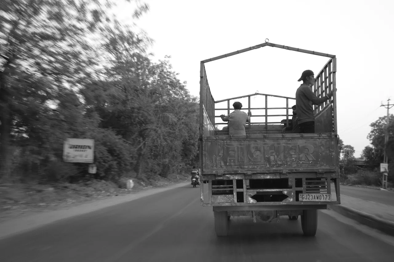An open truck travelling along a tree-lined road, in black and white