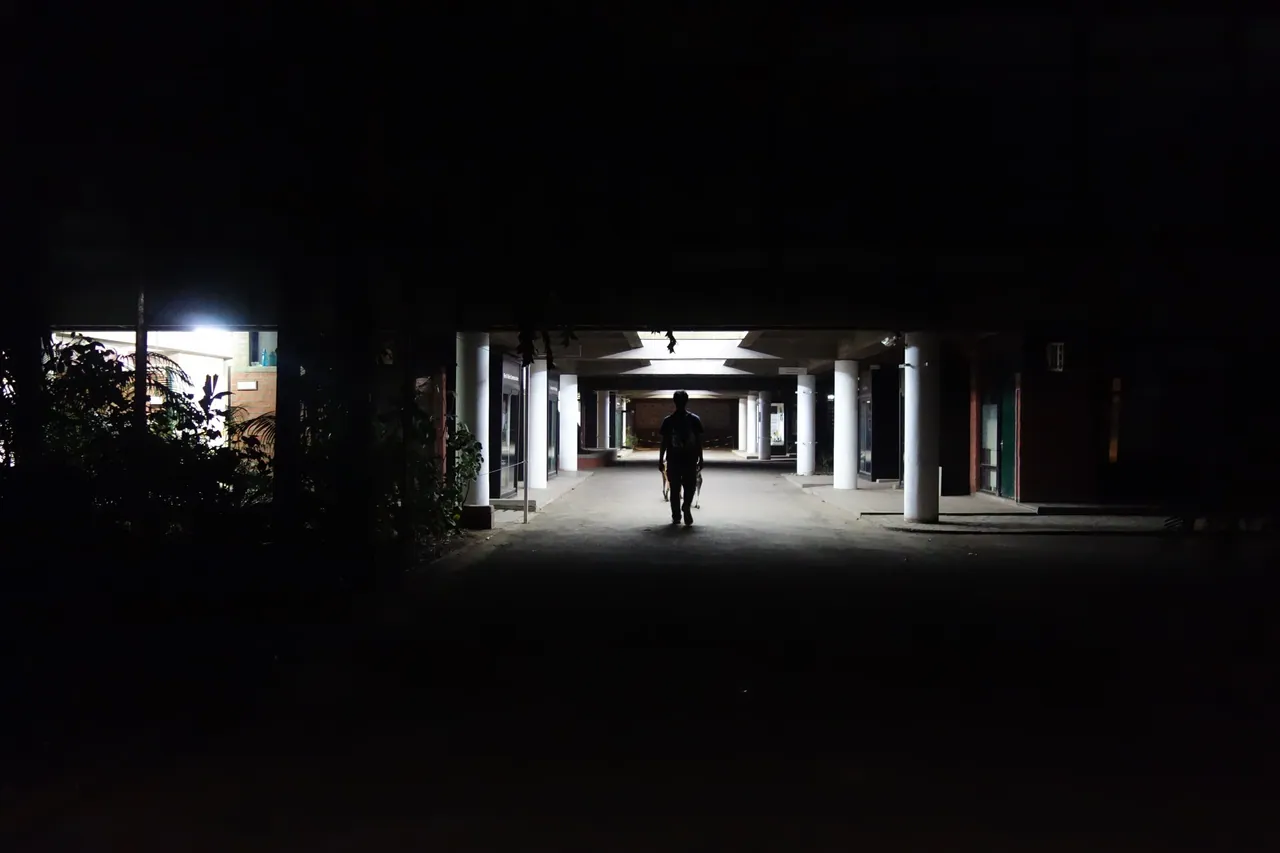 A small silhouette framed by a brightly lit building at night