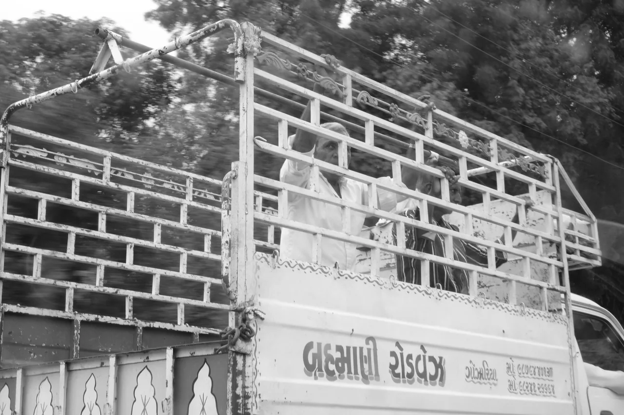 Passengers inside the open metal framework of a vehicle