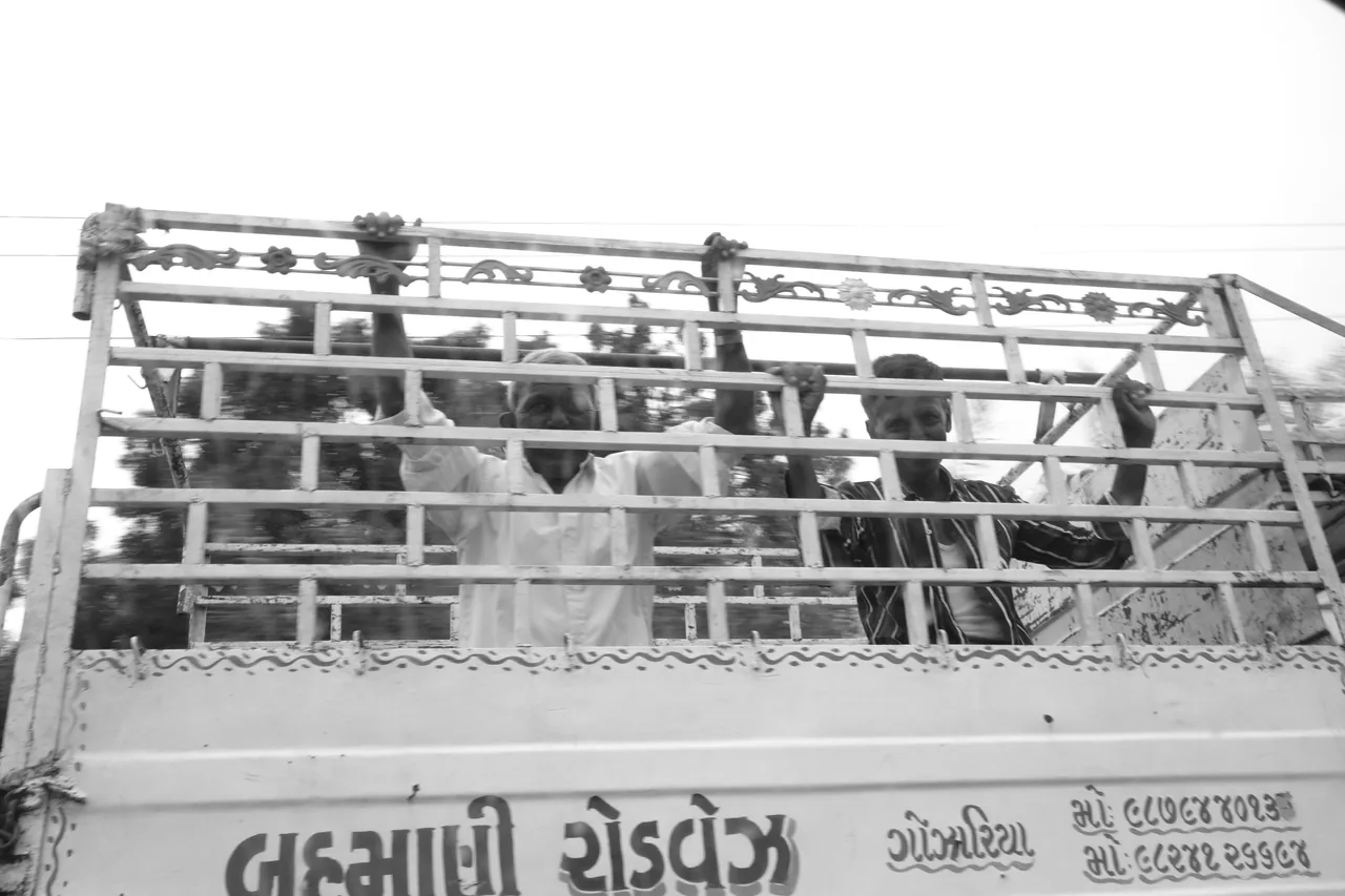 People travelling in an open-sided vehicle