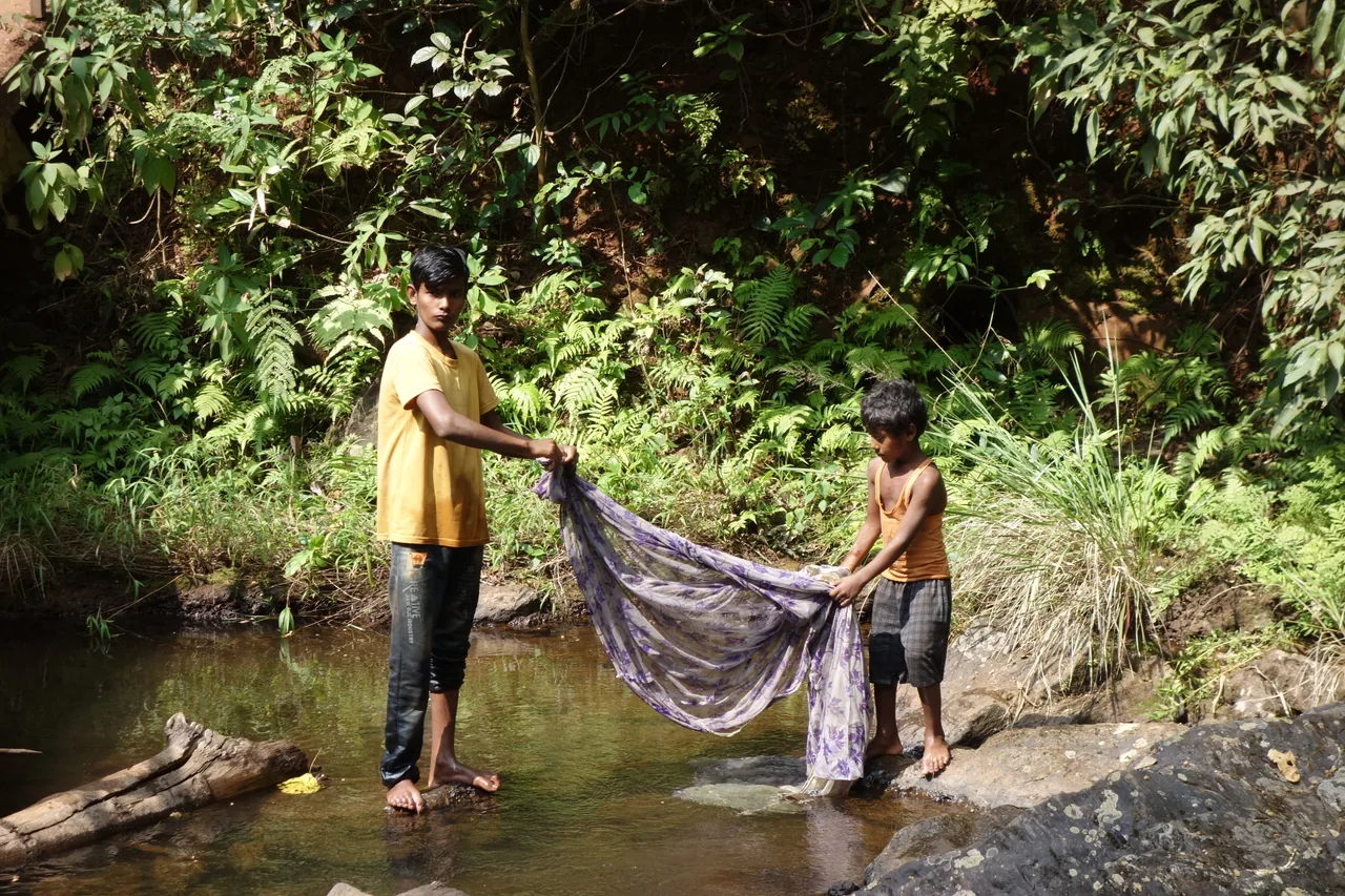 Two people holding a cloth beside a stream surrounded by trees