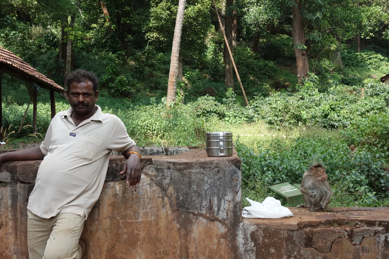A man leaning against a stone wall near a monkey