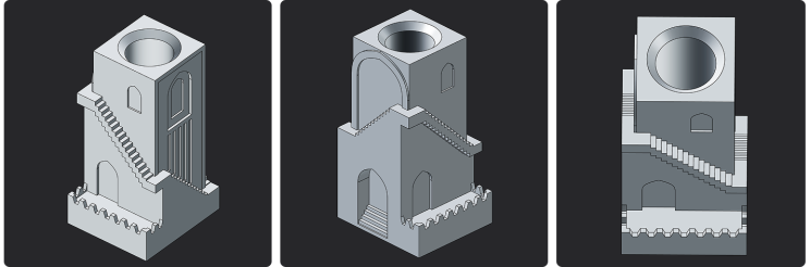 Three CAD views of the resolved architectural vase model