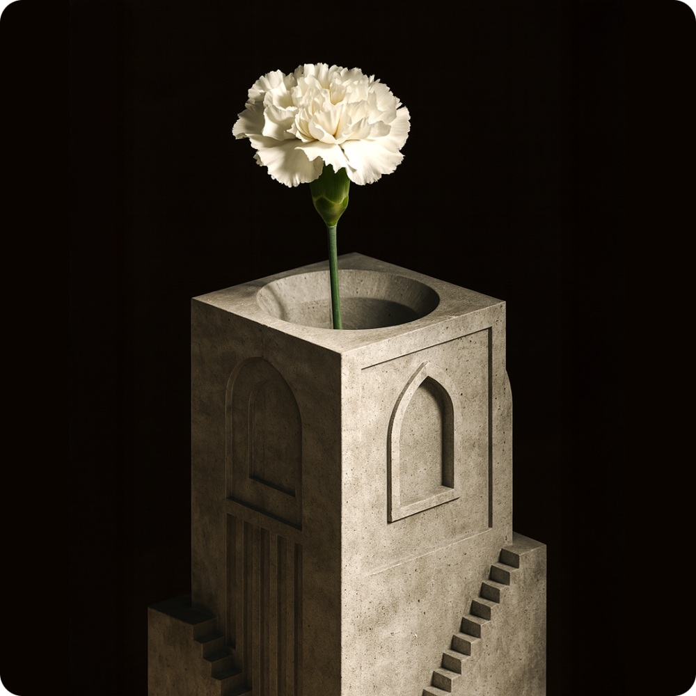 Front view of the architectural cement vase with a white flower