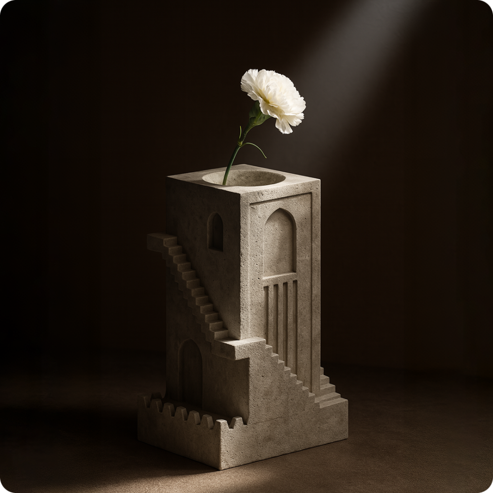 Three-quarter view of the architectural cement vase with a white flower