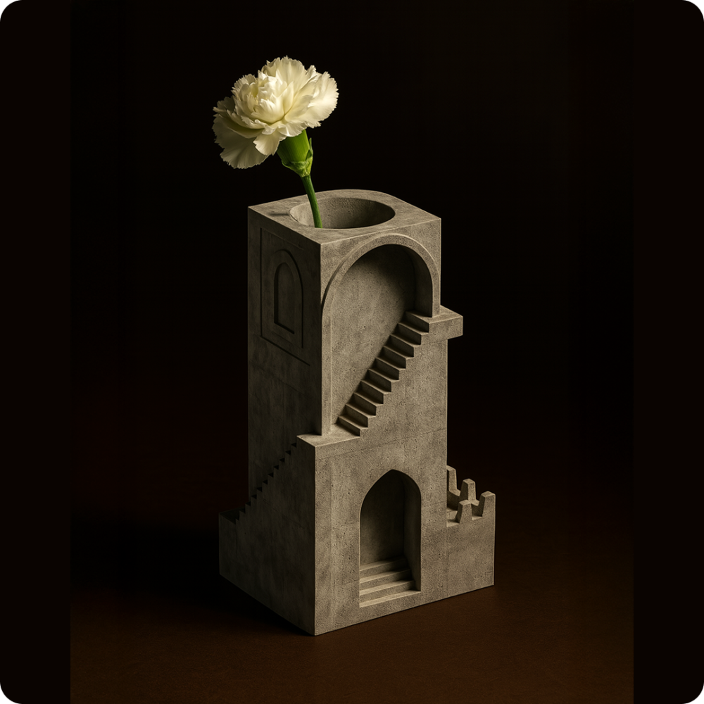 Alternate architectural cement vase with stairs and a white flower