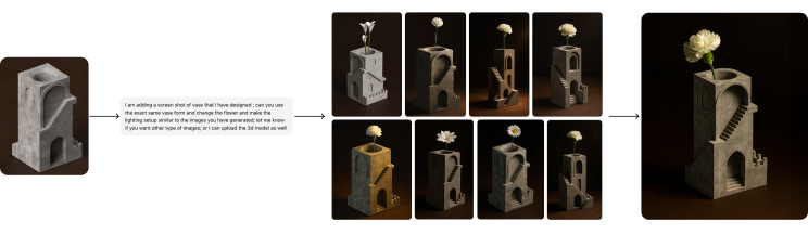A sequence showing the original CAD reference, multiple AI render attempts and the final result