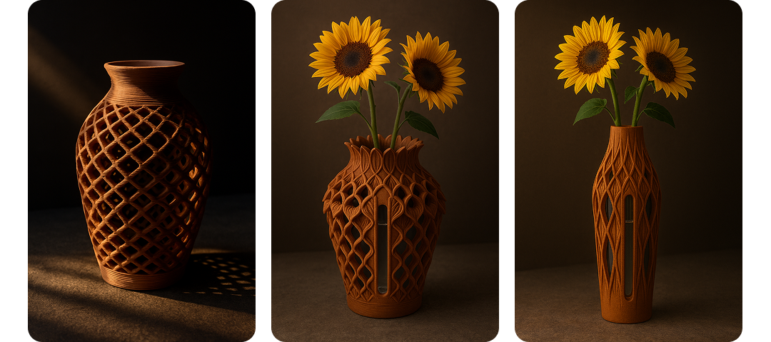 Three AI-generated flower vase concepts inspired by Indian jali patterns