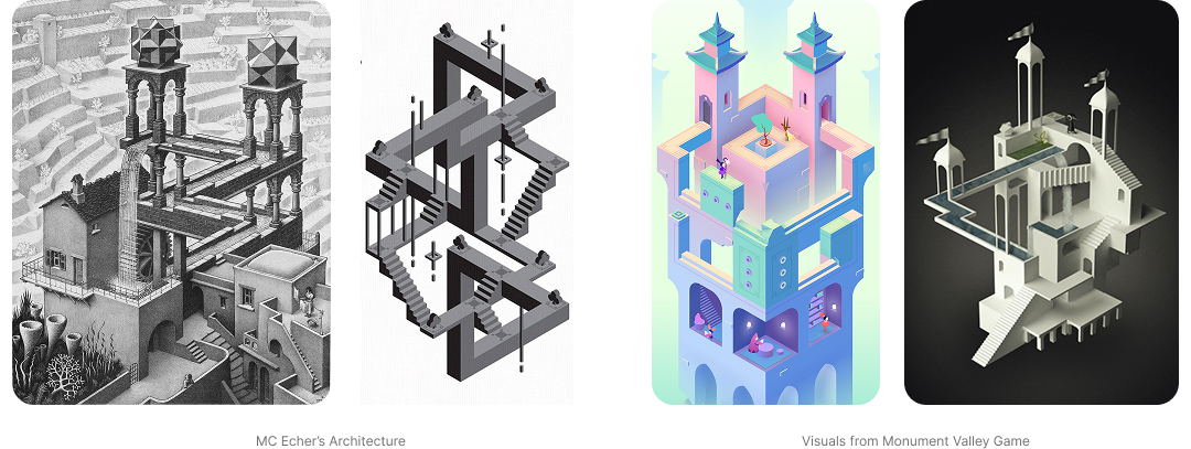 References showing M. C. Escher architecture and scenes from Monument Valley