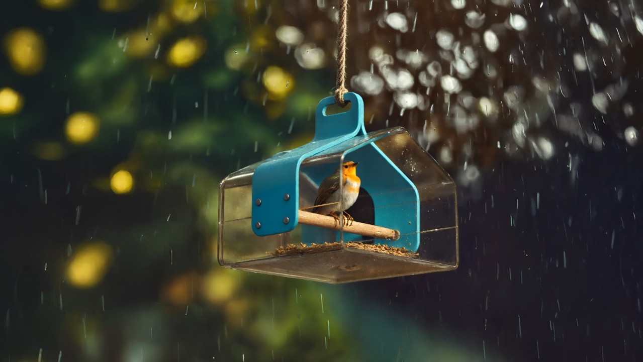 A bird inside a transparent blue birdhouse hanging in the rain