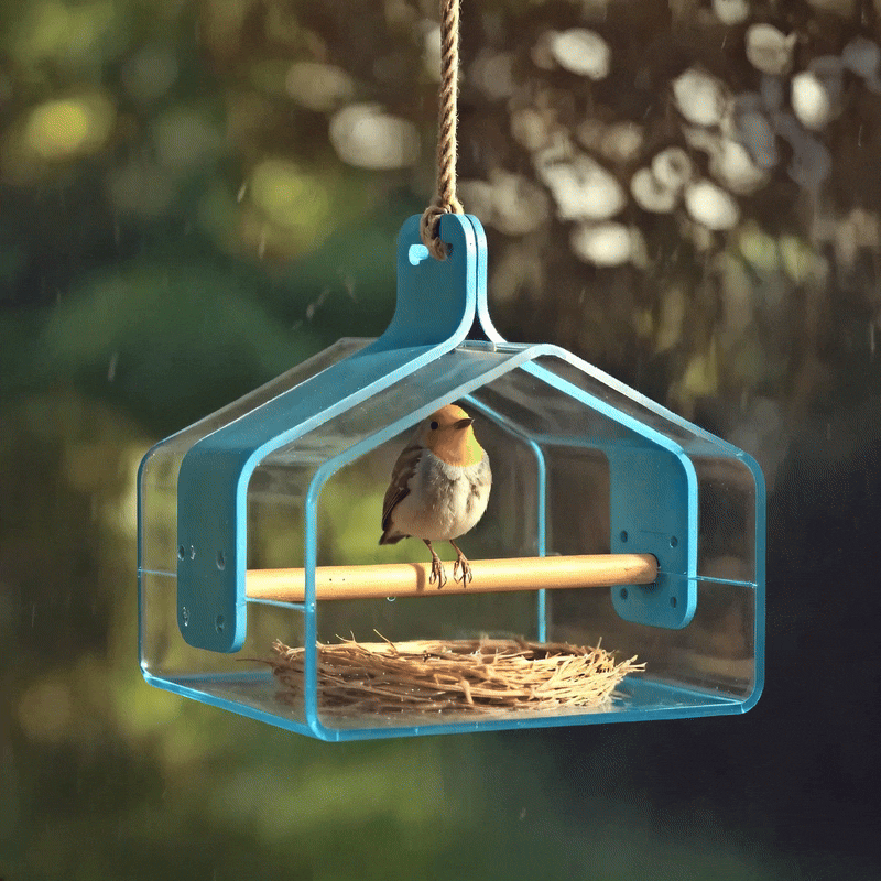 An alternate transparent birdhouse containing a natural nest