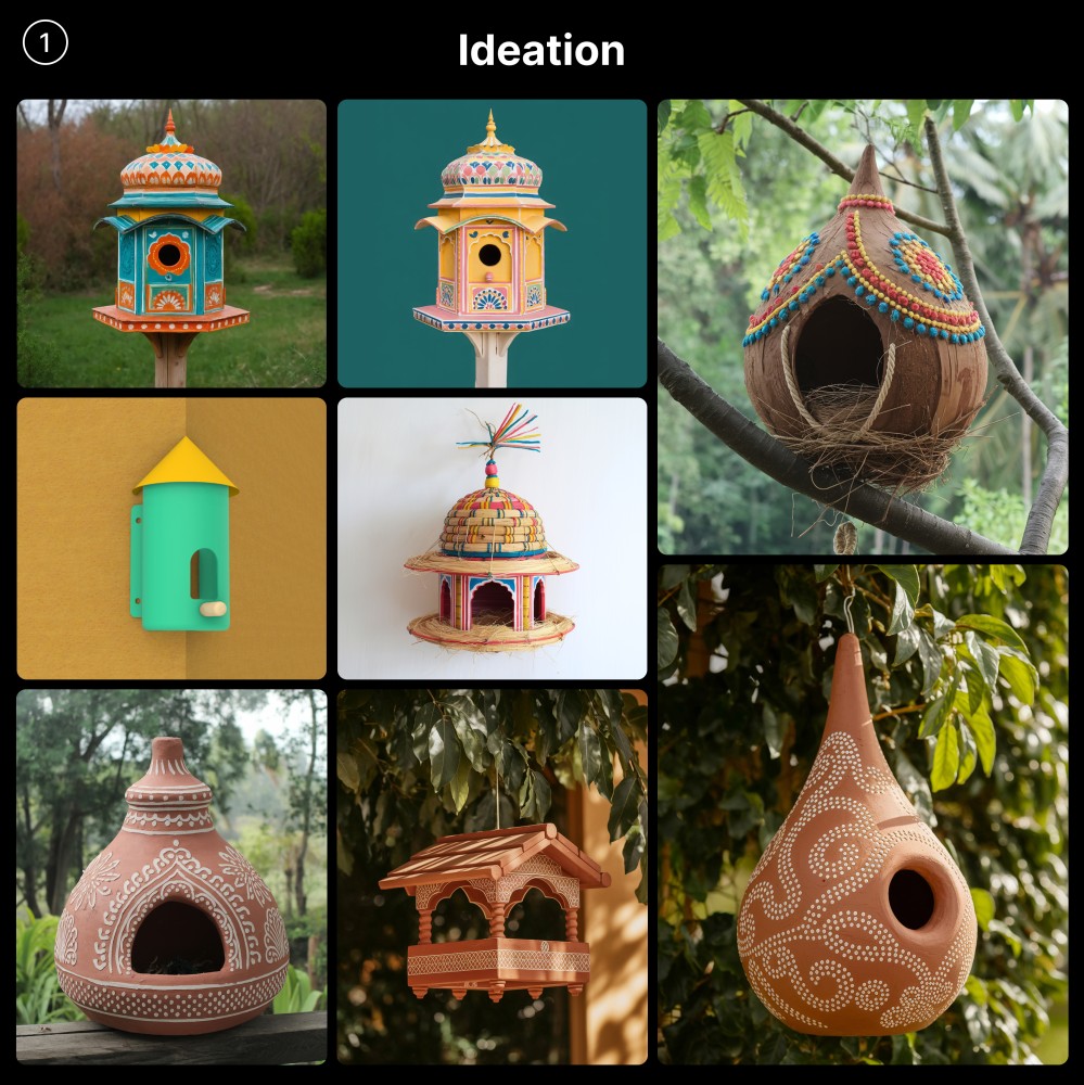 A moodboard of chabutro, terracotta and hanging birdhouse references
