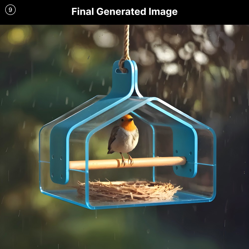 A transparent blue birdhouse containing a nest and small bird