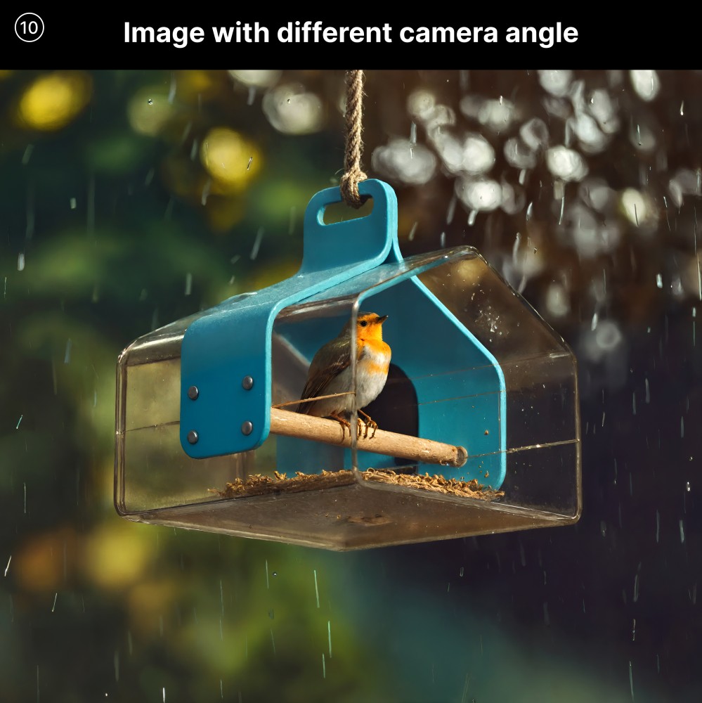 An alternate angle of a transparent birdhouse hanging in the rain